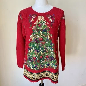 Vintage HEIRLOOM COLLECTIBLES Petite Embroidered Christmas Tree Sweater—SZ. PM - Picture 1 of 16