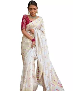 Damen Kanjivaram weiche Seide Banarasi Sari mit Blusenteil, weiß - Bild 1 von 6