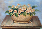 Antique Vintage Original Miniature Old Oil Painting -Still Life, Flower Basket