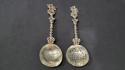 Raro lote de 2 cucharas antiguas de plata de ley del siglo XVII Foto 1 de 4