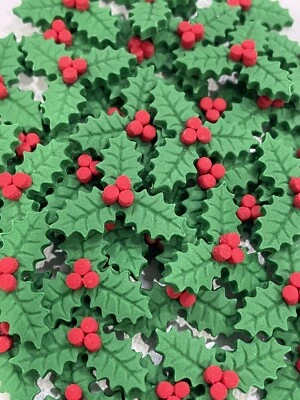 Edible Sugar Holly Leaves With Berries Xmas Cake Decorating Toppers X 24* - image 1 of 4