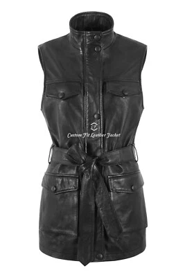 Ladies Trench Gilet Black Long Classic Style Waist Belted Vest Leather Waistcoat - Image 1 of 4