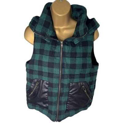Double Zero Buffalo Plaid Puffer Vest Hooded Faux Leather Pockets Green Black M - Image 1 of 4