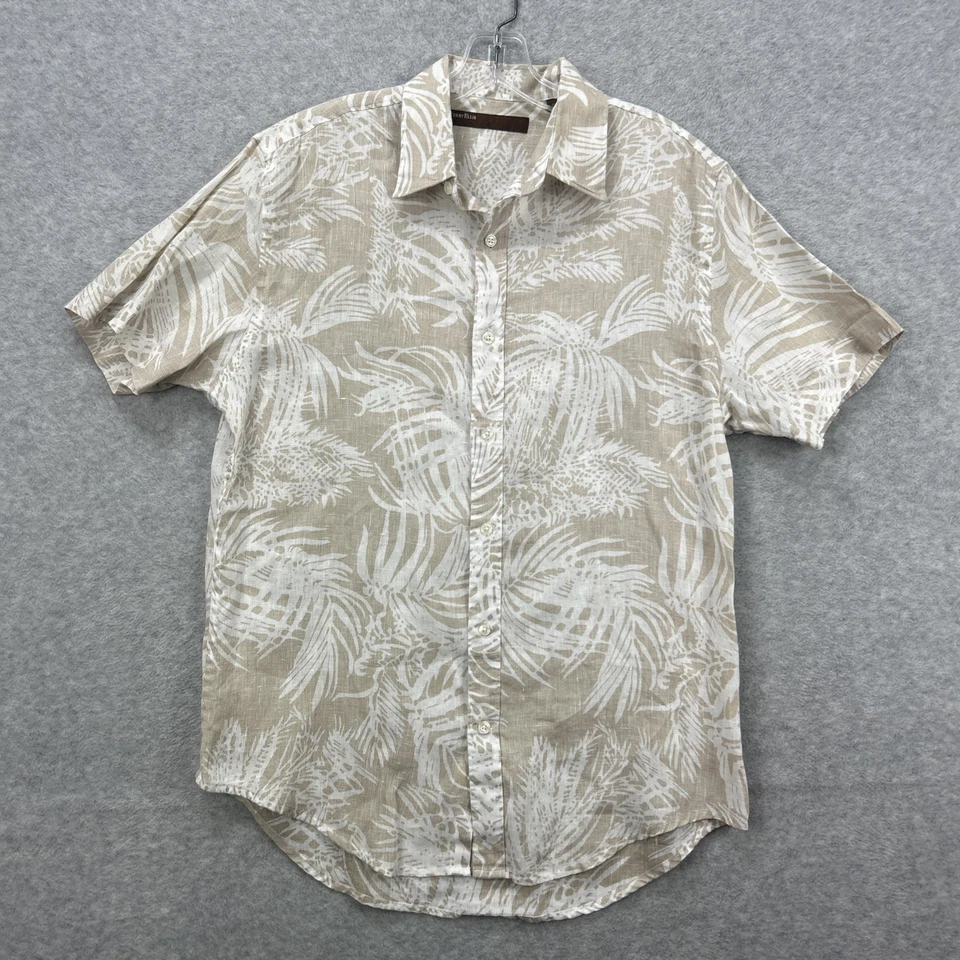 Perry Ellis Shirt Mens Medium Tan Floral Hawaiian Tropical Beach Vacation Linen - Image 1 of 4
