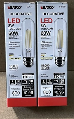 Satco S21351 Decorative LED Light Bulb 8W=60W 3000K Soft White Dimmable Pair (2) - Image 1 of 3