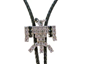 Vintage Southwestern Clear and Black Rhinestone Thunderbird Bolo Tie - Picture 1 of 20