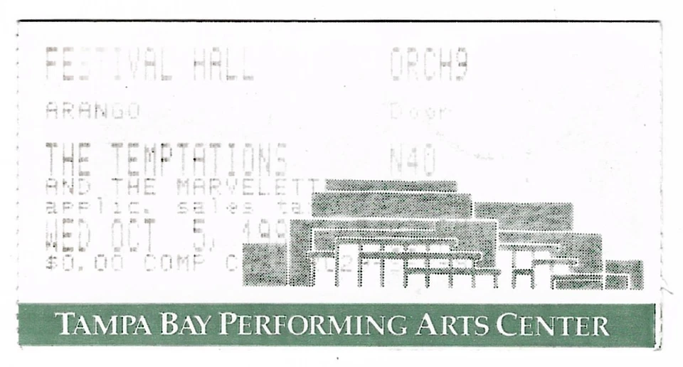 The Temptations & Marvelettes 10/5/88 Tampa FL Perf Arts Ctr Ticket Stub - Image 1 of 1