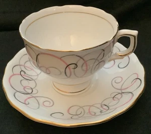 Colclough Bone China Teetasse & Untertasse England rosa & grau Wirbel mit Goldrand - Bild 1 von 6