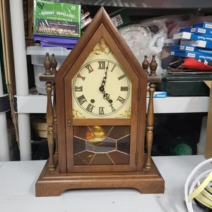 Vintage Steeple Clock Mechanical Movement Stained Glass Window Roman Numerals - Picture 1 of 10