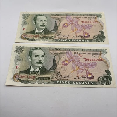 2 CONSECUTIVE Costa Rica 5 Colones Banknote 1990 AU - Image 1 of 4