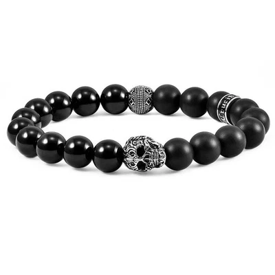 Pulsera elástica calavera con cuentas de piedra de ónix mate y pulido para hombre Foto 1 de 4