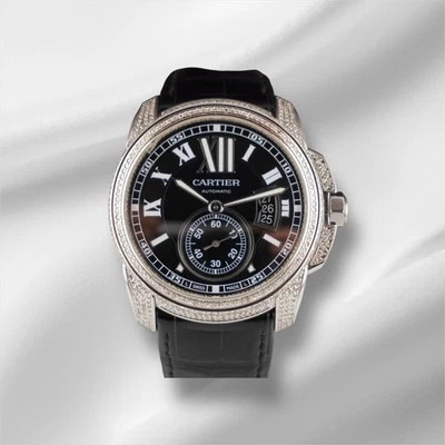 Reloj Cartier Calibre 42mm Hombre Acero Esfera Negra Diamantes Helados 2.5ct Ref 3389 Foto 1 de 4