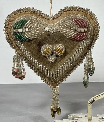 Старинный ирокез бисером сердце подушка сувенир c1890-1900-х коренных американцев - Изображение 1 из 4