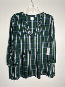 Croft & Barrow Women's XL Green Plaid 3/4 Sleeve Pintuck Peasant Top NWT - Picture 1 of 11