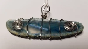 Collar envolvente de alambre de rebanada de ágata cadena de plata 925 azul hecho en casa hecho a mano  - Imagen 1 de 3