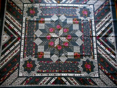 Fabric Quilt Panel SALE Pink Roses Floral Star Gray Ivory Wall Hanging Cotton #C - Image 1 of 2