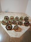 12 Vintage Hexagon Brass Napkin Rings with Red Jewel Center - Craft?? BEAUTIFUL!