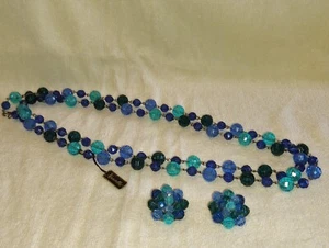 Vtg Marvella Blue Teal Faceted Glass Crystal Necklace & Clip Earring Set - Picture 1 of 8