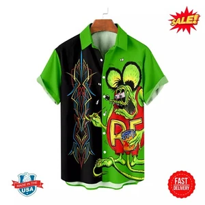 Rat Fink Hawaiian Shirt - Crazy Cartoon Rat, Classic 60s Dragster Racing - Picture 1 of 3