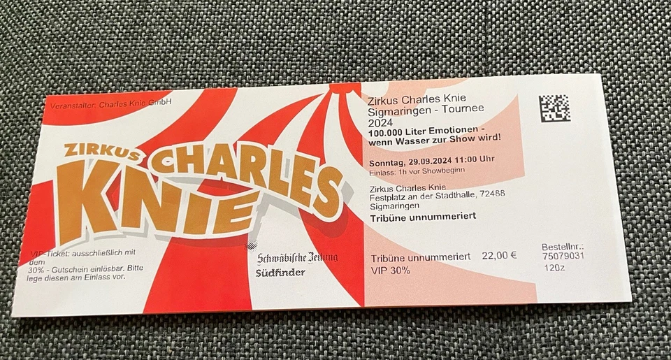 Sammlerticket Zirkus Charles Knie Sigmaringen 28.09.2024 gebraucht - Bild 1 von 1