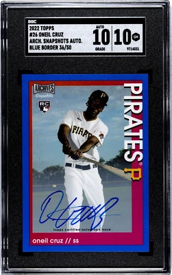 2022 Topps Archives Snapshots #26 Oneil Cruz BLUE BORDER /50 SGC 10 w/10 AUTO RC - Image 1 of 2