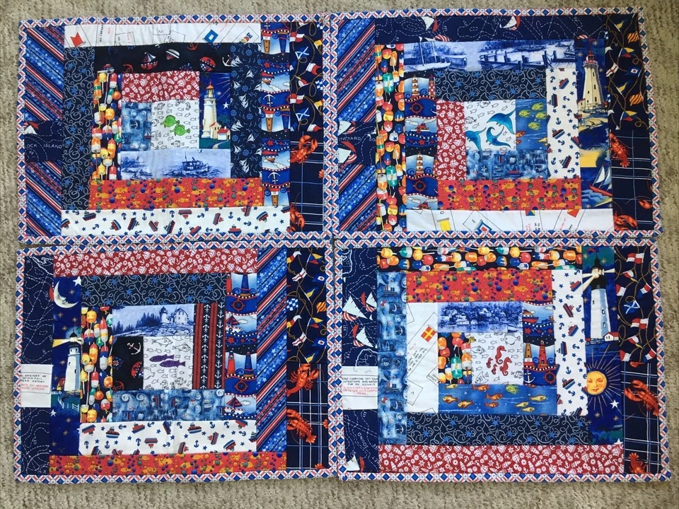 Set 4/8 placemats Handmade Pieced quilted reversible nautical 14x19 lighthouse - Image 1 of 4