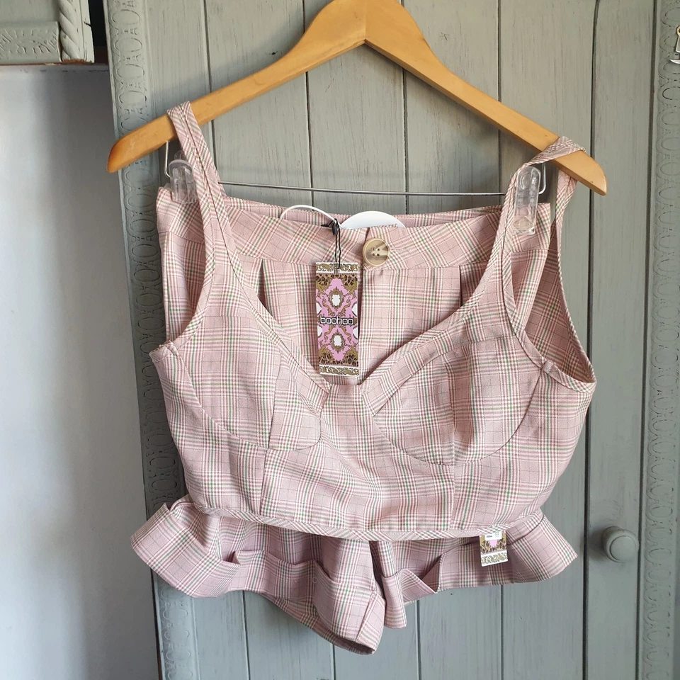 Boohoo Set Crop Top Shorts Sz 8 10 Check Pink Green New - Image 1 of 4