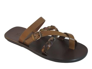 Men's Davinci Italian Woven Leather Push Toe Sandals 1233 Brown - Picture 1 of 4