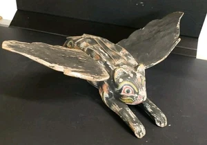 Hand Carved Folk Art Vintage Wood Flying Cat/Hanger NEEDS Touch Up - Picture 1 of 12