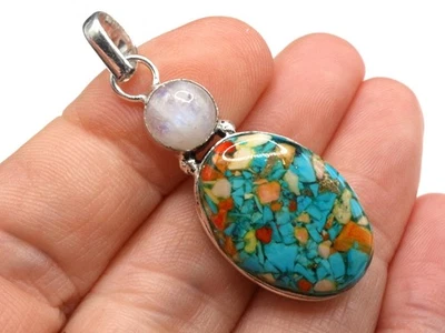 GJ69 GW TÜRKIS OVAL & MONDSTEIN *FARBIG*  SILBER-ANHÄNGER +KETTE / LEDER! - Bild 1 von 3