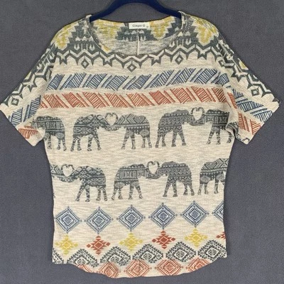 Ginger G Sweater Women S Oatmeal Elephants AOP Coastal Lightwht Boho Chic Whimsi - Image 1 of 4