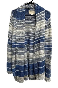 Lucky Brand Womens Open-Front Cardigan Sweater L Blue Gray Striped Knit - Picture 1 of 9