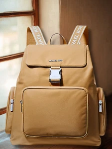 Michael Kors Khai Women Large Nylon Flap Cargo Zip Pocket Backpack Peanut - Picture 1 of 43