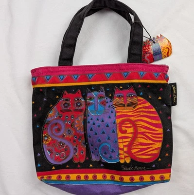 Laurel Burch Tote Bag Handbag Purse 3 Cats Cat Black Zipper - Image 1 of 4