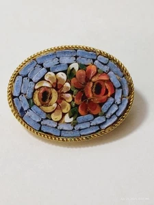 Micro Mosiac Tile Gold Tone Floral Blue Brooch Pin - Picture 1 of 5
