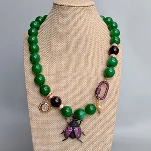 16mm Green Jade Cz Beetle Charm  Necklace Beaded Simple Pendant Necklaces - Picture 1 of 5
