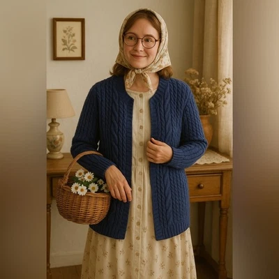 Cárdigan tejido a mano de lana azul índigo tejido con cable - talla M/L (hecho a mano, excelente) Foto 1 de 4