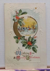 Wishing You a Merry Christmas Holly Church Show Postkarte 1913 geprägt - Bild 1 von 2