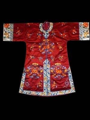 Vintage Antique Red Silk Heavily Embroidered Oriental Chinese Asian Kimono Robe  - Image 1 of 4