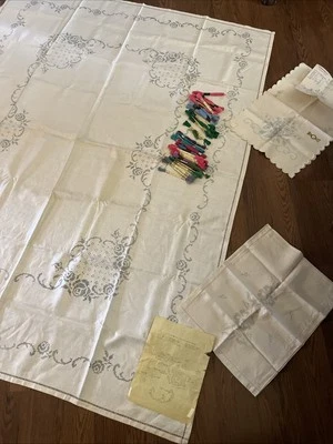 Progress Import Linen Cross Stitch Runner DMC 55 Thread 74x58 Tablecloth Lot 3 - Image 1 of 4