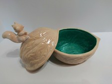 Vintage Ceramic Lidded Nut Dish Shaped Walnut with Squirrel on Top Teal Inside