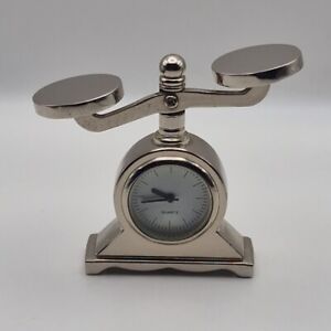 Quartz Miniature Novelty Clock Weighing Scale Shaped Metal Silver Colour Working