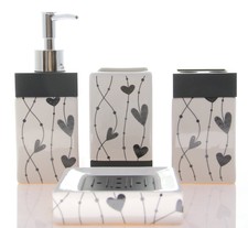 JustNile 4-Piece Ceramic Bathroom Accessory Set - White with Black Hearts