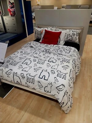Ikea PURPURBRACKA Full Queen Duvet Cover & 2 pillowcases White Animal Cat Dog