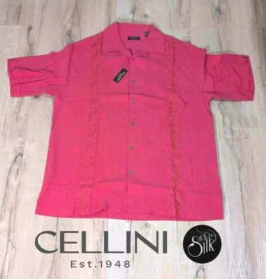 Camisa para hombre Cellinni roja abotonada manga corta 100 % seda talla grande nueva Foto 1 de 4