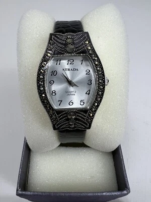 Reloj STRADA Negro Plata Marcasita Cristal Gemas Años 40 Estilo Vegano Correa Cocodrilo Nuevo con Etiquetas Foto 1 de 4