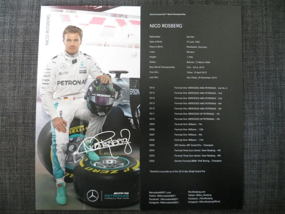 Autogrammkarte *NICO ROSBERG* MERCEDES AMG GP PETRONAS F1 TEAM 2016 Formel 1 #1 - Bild 1 von 1