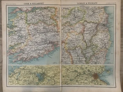 1902 Пробка, Килларни, Дублин и Уиклоу Оригинальная Антикварная Карта Джона Бартоломью - Изображение 1 из 3