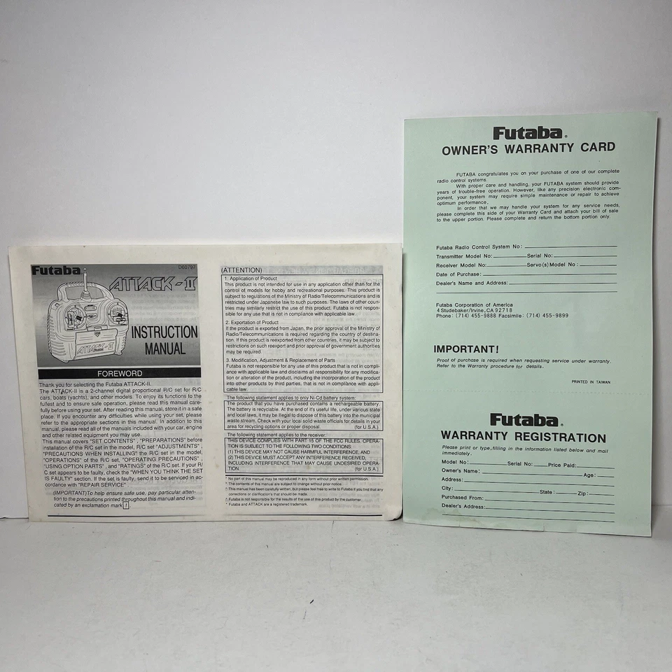 Futaba Attack 2 Instruction Manual And Warranty Card D60797 1995 - Image 1 of 4