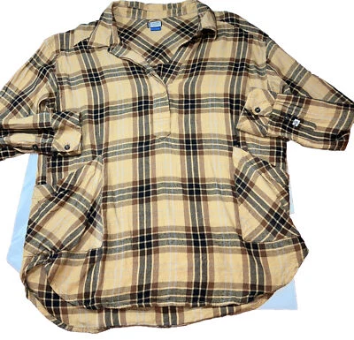 Camisa KAVU marrom bronzeada xadrez 1/2 botão flanela bolsos frontais grandes túnica algodão médio - Imagem 1 de 4